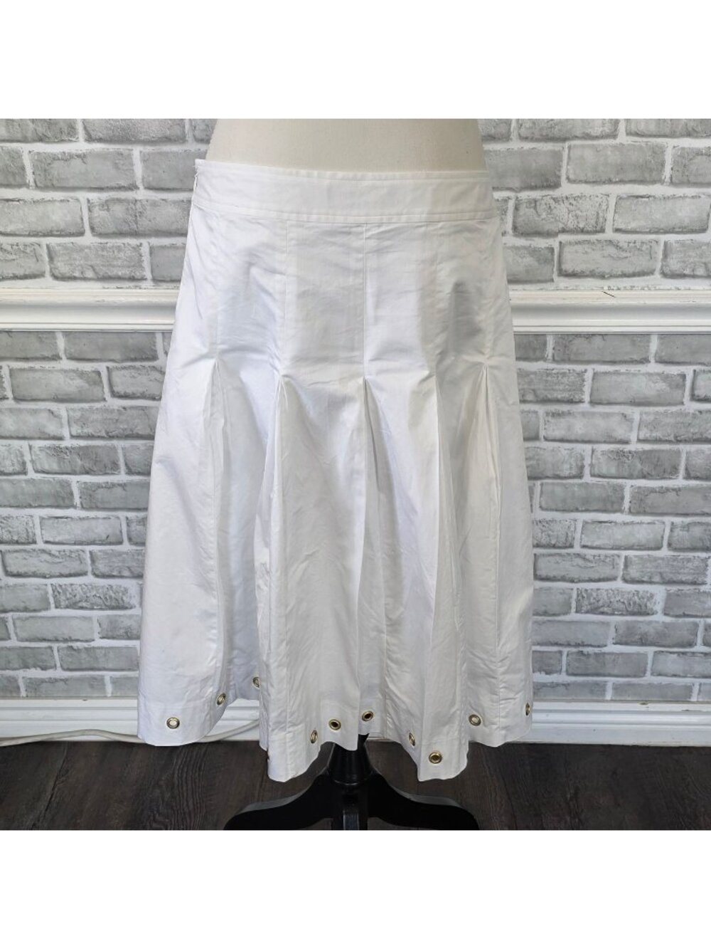 George ME Mark Eisen White Cotton Preppy Pleated Grommet Midi Skirt 10